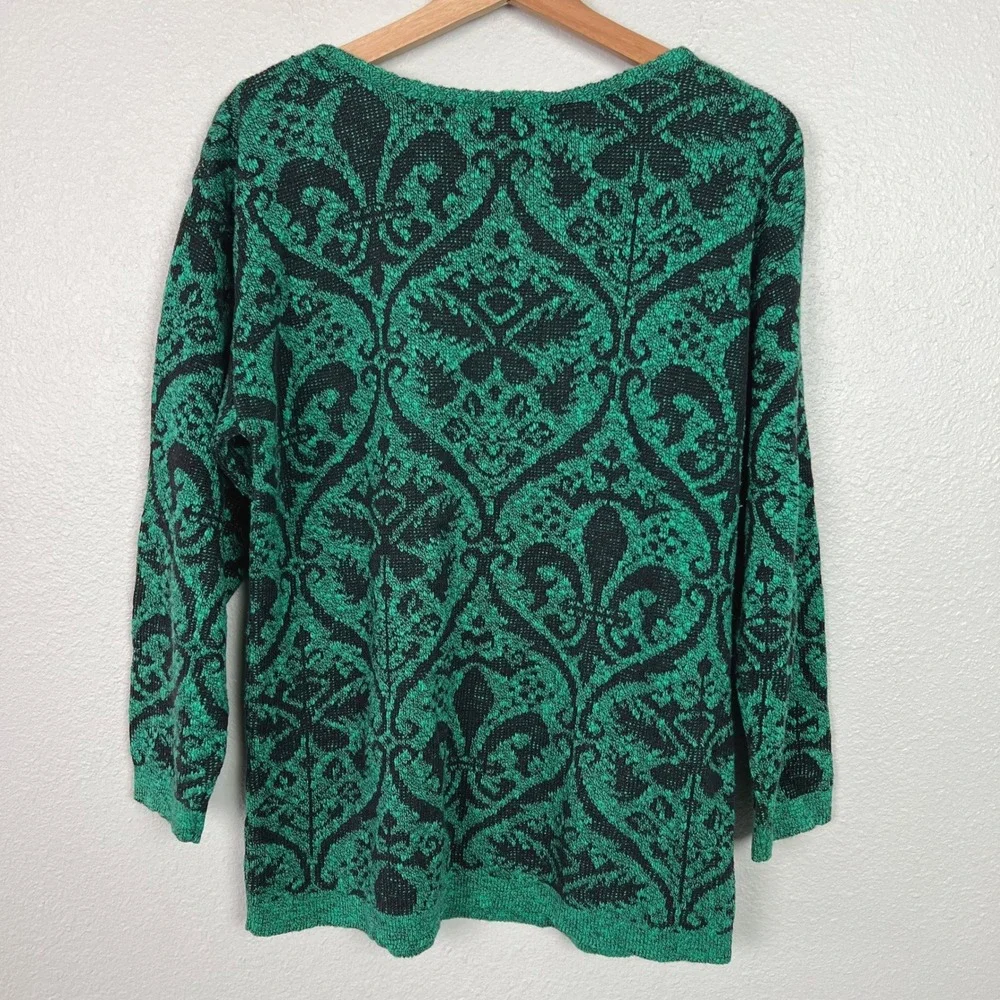Beldoch Popper VTG Green Black Damask Fleur De Lis Knit Sweater LRG Made in USA‎